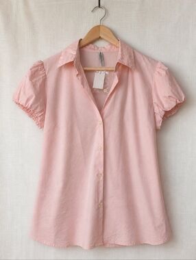 Old Navy Pink Puff Sleeve Button Front Poplin Blouse L NWT Soft Pink